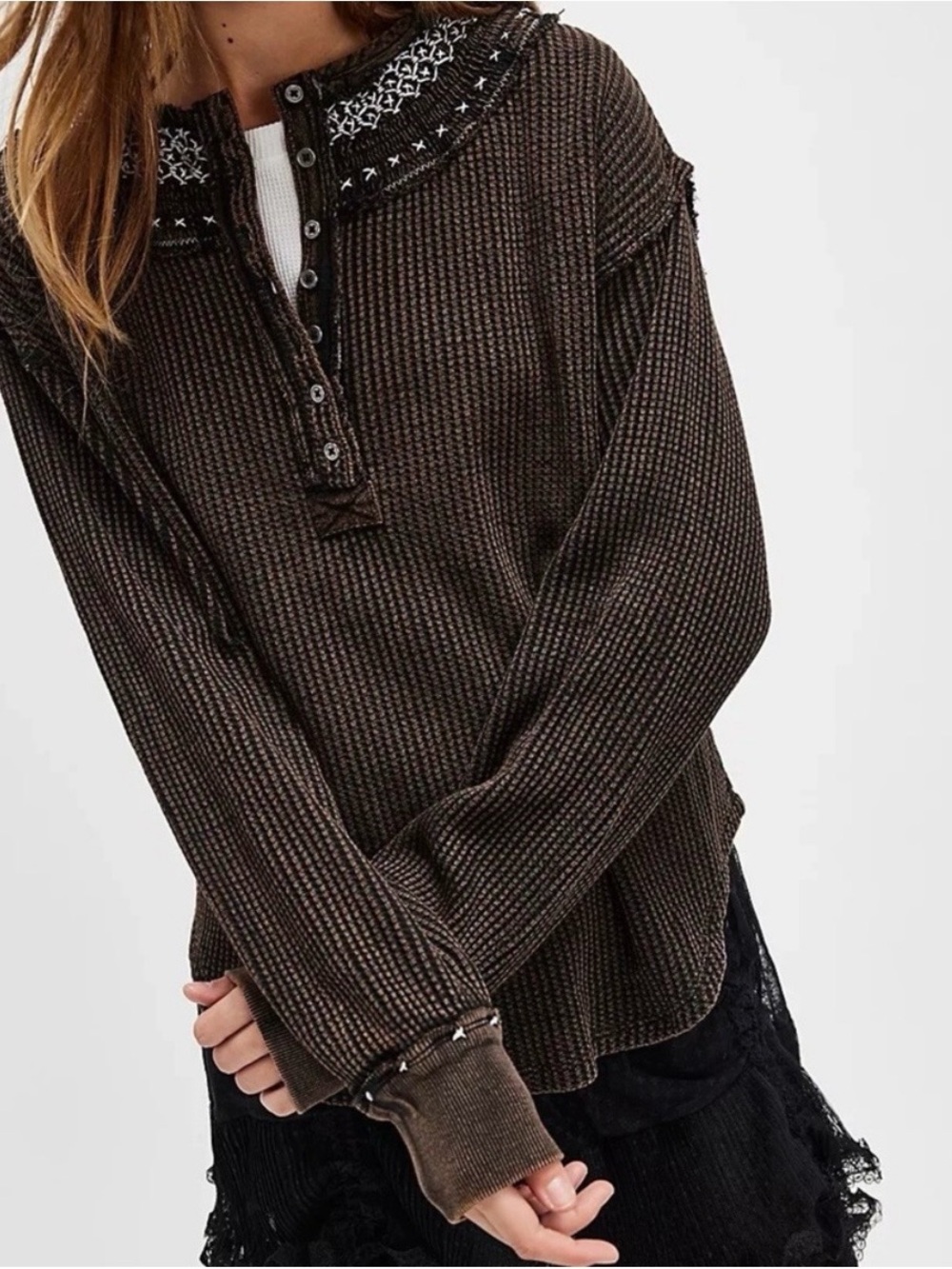 Free People Embroidered Collar thermal top NWT - Picture 4 of 8